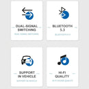 nzmegabuy Bluetooth 5.3 transmitter and receiver features infographic showing dual-signal, in-vehicle, and hi-fi support.