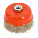 nzmegabuy 100mm brass wire cup brush with a red metal housing and threaded arbor for angle grinder surface prep
