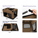 nzmegabuy brown foldable soft dog travel crate with mesh windows, metal frame, and dimensions shown in a diagram