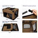nzmegabuy brown portable soft dog travel crate showing dimensions, metal frame assembly, and mesh ventilation panels