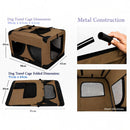 nzmegabuy brown portable soft dog travel crate showing dimensions, metal frame assembly, and mesh ventilation windows.