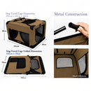 nzmegabuy brown portable soft dog travel crate showing dimensions, metal frame assembly, and mesh ventilation windows