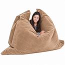 nzmegabuy LAZY BEAN brown velvet floor cushion cover with a woman relaxing inside on a white background
