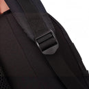 Close-up of a black adjustable buckle and cushioned shoulder strap on an nzmegabuy waterproof DSLR camera backpack.