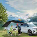 nzmegabuy waterproof car side awning tent providing UV50+ shade for a family camping by a lake with a white SUV.