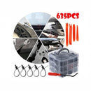 nzmegabuy 635-piece car trim fastener kit with assorted black clips, removal tools, cable ties, and storage box
