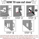 nzmegabuy 4-way locking cat flap door installation guide showing five step-by-step diagrams for mounting on a door
