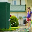 nzmegabuy 225L green collapsible rain water tank with spigot connected to a garden hose in a sunny garden setting