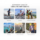 nzmegabuy cooling UV arm sleeves shown in a collage of outdoor activities like running, cycling, and rock climbing.