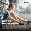 nzmegabuy cooling UV arm sleeves on a female runner wearing a phone armband for sun protection during outdoor exercise