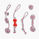 nzmegabuy 5-pack of durable cotton rope dog toys in red, white, and green, featuring knots and a red rubber bone.