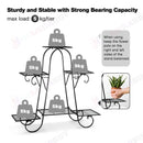 nzmegabuy CREAVITA 6-tier black steel plant stand showing weight capacity per shelf and a hand placing a potted plant.