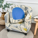 nzmegabuy 2-piece stretch tub chair cover set with a cream, grey, and yellow dandelion floral pattern and blue cushion