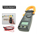 nzmegabuy digital clamp meter with yellow jaw, LCD screen, and red and black probe cables for electrical testing