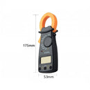 nzmegabuy digital clamp meter with orange jaw and black body showing dimensions for AC and DC electrical testing