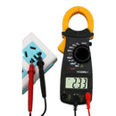 nzmegabuy digital clamp meter measuring AC voltage with red and black test probes inserted into a wall outlet