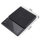 nzmegabuy black digital coffee scale with timer and textured weighing platform, showing dimensions in centimeters.