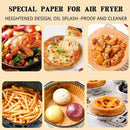 nzmegabuy 100-pack disposable air fryer paper liners showing various cooked foods like chicken, pizza, and fries
