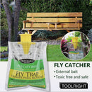 nzmegabuy 5-pack disposable PVC fly catching bags hanging in a garden setting for outdoor pest control