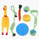nzmegabuy 7-piece dog toy set including rope tugs, rubber chicken, carrot, burger, and blue frisbee for chewers