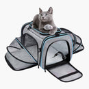 nzmegabuy grey and blue expandable soft-sided pet carrier with a cat sitting on top and mesh ventilation panels