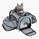 nzmegabuy grey and blue expandable soft-sided pet carrier with a cat sitting on top and mesh ventilation panels