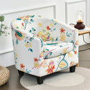 nzmegabuy 2-piece stretch tub chair cover set with a white base and colourful floral pattern in a living room