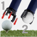 nzmegabuy black plastic golf ball retriever tool attached to a putter grip, demonstrating how to pick up a ball.