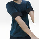 nzmegabuy golf swing training arm band on a golfer wearing a blue athletic shirt to improve posture and motion