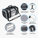 nzmegabuy grey and blue soft-sided pet carrier with expandable mesh sides, top entry, and durable metal hardware.