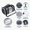 nzmegabuy grey and blue soft-sided pet carrier with expandable mesh sides, top entry, and durable metal hardware.