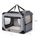 nzmegabuy grey soft collapsible dog travel crate with mesh windows, padded base, and carry handles for pet transport.