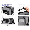 nzmegabuy grey foldable soft dog travel crate showing dimensions, metal frame construction, and mesh ventilation panels.