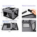 nzmegabuy grey foldable soft dog travel crate showing dimensions, metal frame assembly, and mesh ventilation windows.