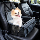 nzmegabuy grey foldable pet car booster seat with a small fluffy dog sitting inside on a leather vehicle seat
