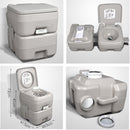 nzmegabuy 20L grey portable camping toilet with detachable waste tank and flush system shown from multiple angles