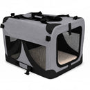 nzmegabuy grey portable soft dog travel crate with mesh ventilation panels and a removable fleece floor mat.
