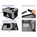 nzmegabuy grey portable soft dog travel crate showing dimensions, metal frame assembly, and mesh ventilation panels.