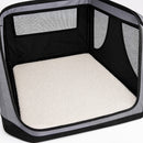 nzmegabuy grey soft dog travel crate with mesh ventilation panels and a removable white fleece floor mat