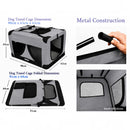 nzmegabuy grey portable soft dog travel crate showing dimensions, metal frame assembly, and mesh ventilation panels.
