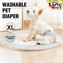 nzmegabuy grey washable female dog diaper with velcro closure worn by a small white terrier on a round rug