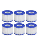 Six-pack of nzmegabuy Lay-Z-Spa size VI filter cartridges with white pleated PET material and blue plastic ends.