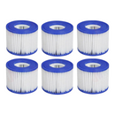 Six-pack of nzmegabuy Lay-Z-Spa size VI filter cartridges with white pleated PET material and blue plastic ends.
