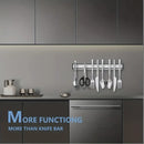 nzmegabuy silver wall-mounted magnetic knife strip holding various kitchen utensils on a modern grey kitchen wall