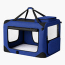 nzmegabuy navy blue collapsible soft dog crate with mesh windows, sturdy frame, and padded base for travel.
