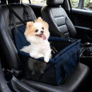 nzmegabuy navy blue pet car booster seat with a small fluffy dog sitting inside on a leather car seat