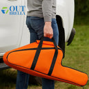 nzmegabuy orange deluxe chainsaw carry bag with adjustable strap held by a person standing next to a white vehicle