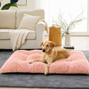 nzmegabuy pink plush faux fur calming dog bed with a yellow Labrador resting on it in a modern living room