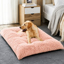 nzmegabuy pink plush faux fur calming dog bed with a yellow Labrador resting comfortably on it in a bedroom