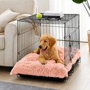 nzmegabuy pink plush faux fur calming dog bed inside a black wire crate with a golden retriever resting on top
